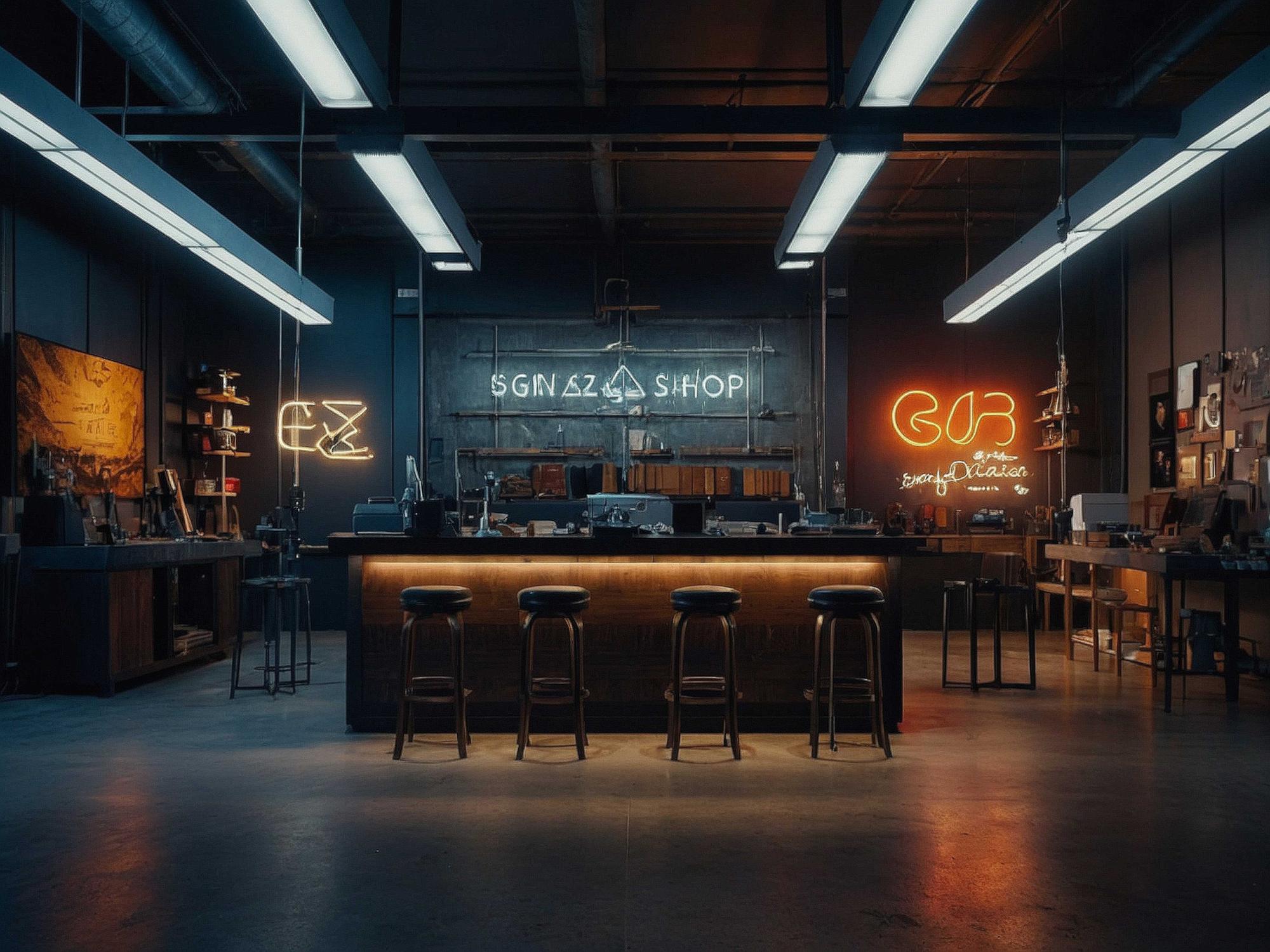 Front of studio with neon signage and prep benches
